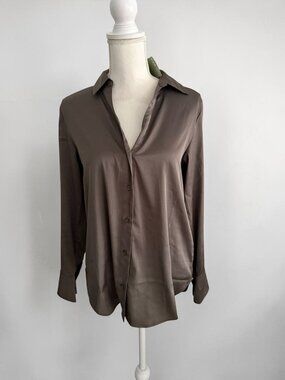 H&M Gray Silky Long Sleeve Button Down Top Size Small NEW NWT